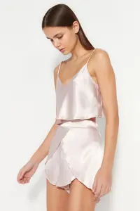 TRENDYOLMİLLA Powder Pink Satin Rope Sleeveless OF shorts Weaving Pajama Set - Image 3