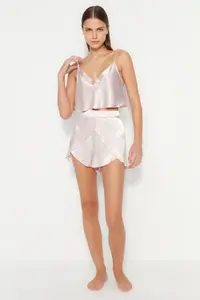 TRENDYOLMİLLA Powder Pink Satin Rope Sleeveless OF shorts Weaving Pajama Set - Image 4