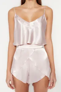 TRENDYOLMİLLA Powder Pink Satin Rope Sleeveless OF shorts Weaving Pajama Set - Image 5