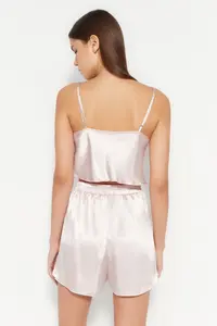 TRENDYOLMİLLA Powder Pink Satin Rope Sleeveless OF shorts Weaving Pajama Set - Image 7