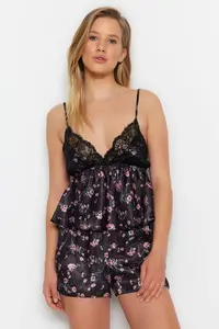 TRENDYOLMİLLA Black Floral Lace Rope Sleeveless Satin OF shorts Weaving Pajama Set - Image 4