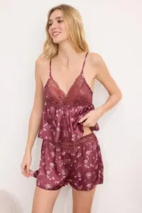 TRENDYOLMİLLA Burgundy Floral Satin Weaving Pajama Set