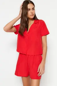 TRENDYOLMİLLA Dark Red terrycotton OF shorts Weaving Pajama Set