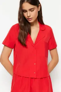 TRENDYOLMİLLA Dark Red terrycotton OF shorts Weaving Pajama Set - Image 2