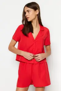 TRENDYOLMİLLA Dark Red terrycotton OF shorts Weaving Pajama Set - Image 3
