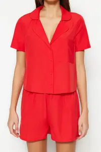 TRENDYOLMİLLA Dark Red terrycotton OF shorts Weaving Pajama Set - Image 4
