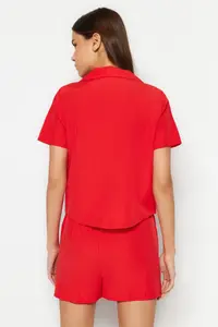 TRENDYOLMİLLA Dark Red terrycotton OF shorts Weaving Pajama Set - Image 5