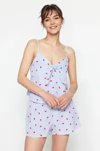 TRENDYOLMİLLA Mavi Striped Kalpli Rope Sleeveless Viscose OF shorts Weaving Pajama Set
