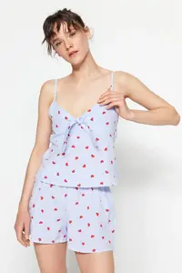TRENDYOLMİLLA Mavi Striped Kalpli Rope Sleeveless Viscose OF shorts Weaving Pajama Set - Image 2