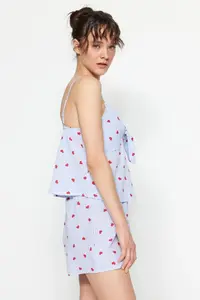 TRENDYOLMİLLA Mavi Striped Kalpli Rope Sleeveless Viscose OF shorts Weaving Pajama Set - Image 3