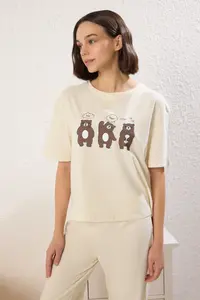 TRENDYOLMİLLA Beige 100% Cotton Teddy Bear Knitting Pajama Set - Image 2