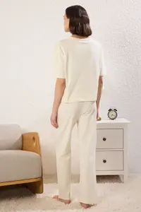 TRENDYOLMİLLA Beige 100% Cotton Teddy Bear Knitting Pajama Set - Image 4
