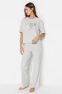 TRENDYOLMİLLA Light Gray 100% Cotton Fun Printed Knitting Pajama Set - Image 2