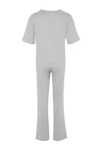 TRENDYOLMİLLA Light Gray 100% Cotton Fun Printed Knitting Pajama Set - Image 8
