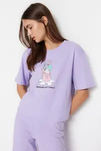 TRENDYOLMİLLA Lilac 100% Cotton Fun Printed Knitting Pajama Set