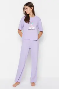 TRENDYOLMİLLA Lilac 100% Cotton Fun Printed Knitting Pajama Set - Image 2