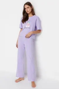 TRENDYOLMİLLA Lilac 100% Cotton Fun Printed Knitting Pajama Set - Image 3