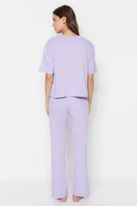 TRENDYOLMİLLA Lilac 100% Cotton Fun Printed Knitting Pajama Set - Image 6