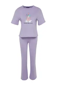TRENDYOLMİLLA Lilac 100% Cotton Fun Printed Knitting Pajama Set - Image 7