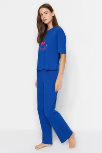 TRENDYOLMİLLA Navy Blue 100% Cotton Cherry Printed Knitting Pajama Set - Image 3