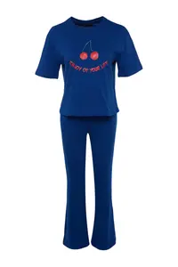 TRENDYOLMİLLA Navy Blue 100% Cotton Cherry Printed Knitting Pajama Set - Image 8