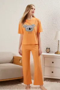 TRENDYOLMİLLA Orange 100% Cotton Koala Printed Knitting Pajama Set - Image 2