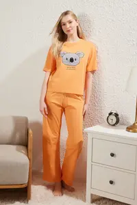 TRENDYOLMİLLA Orange 100% Cotton Koala Printed Knitting Pajama Set - Image 3