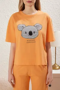 TRENDYOLMİLLA Orange 100% Cotton Koala Printed Knitting Pajama Set - Image 4