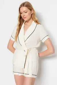 TRENDYOLMİLLA Beige Belted Piping Detailed Viscose OF shorts Maternity Weaving Pajama Set