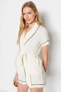 TRENDYOLMİLLA Beige Belted Piping Detailed Viscose OF shorts Maternity Weaving Pajama Set - Image 2