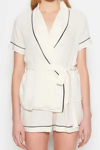 TRENDYOLMİLLA Beige Belted Piping Detailed Viscose OF shorts Maternity Weaving Pajama Set - Image 3
