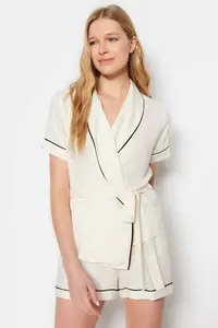 TRENDYOLMİLLA Beige Belted Piping Detailed Viscose OF shorts Maternity Weaving Pajama Set - Image 6
