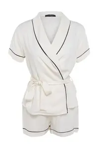 TRENDYOLMİLLA Beige Belted Piping Detailed Viscose OF shorts Maternity Weaving Pajama Set - Image 8