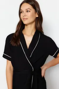 TRENDYOLMİLLA Black Belted Piping Detailed Viscose OF shorts Weaving Pajama Set - Image 2