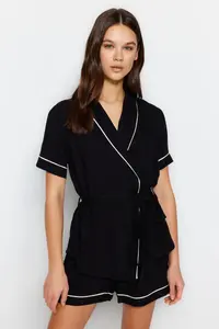 TRENDYOLMİLLA Black Belted Piping Detailed Viscose OF shorts Weaving Pajama Set - Image 3