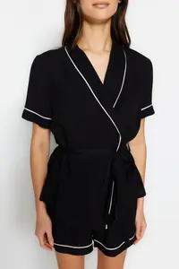 TRENDYOLMİLLA Black Belted Piping Detailed Viscose OF shorts Weaving Pajama Set - Image 4