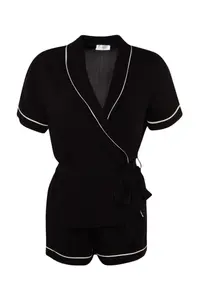 TRENDYOLMİLLA Black Belted Piping Detailed Viscose OF shorts Weaving Pajama Set - Image 8