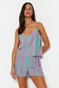 TRENDYOLMİLLA Multicolored Striped Rope Sleeveless Viscose OF shorts Weaving Pajama Set