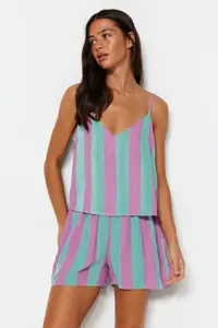 TRENDYOLMİLLA Multicolored Striped Rope Sleeveless Viscose OF shorts Weaving Pajama Set - Image 2