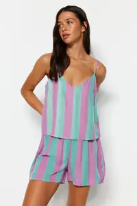 TRENDYOLMİLLA Multicolored Striped Rope Sleeveless Viscose OF shorts Weaving Pajama Set - Image 3