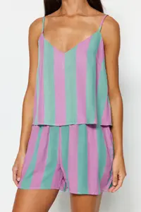 TRENDYOLMİLLA Multicolored Striped Rope Sleeveless Viscose OF shorts Weaving Pajama Set - Image 4