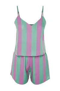 TRENDYOLMİLLA Multicolored Striped Rope Sleeveless Viscose OF shorts Weaving Pajama Set - Image 7