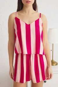 TRENDYOLMİLLA Pink Striped Rope Sleeveless Viscose OF shorts Weaving Pajama Set - Image 3