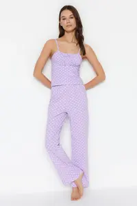 TRENDYOLMİLLA Lilac Cotton Polka Dot Rope Sleeveless Knitting Pajama Set - Image 2