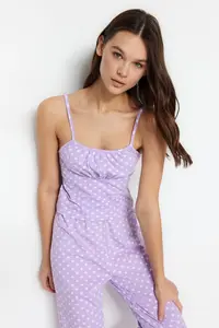 TRENDYOLMİLLA Lilac Cotton Polka Dot Rope Sleeveless Knitting Pajama Set - Image 3