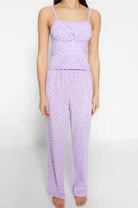 TRENDYOLMİLLA Lilac Cotton Polka Dot Rope Sleeveless Knitting Pajama Set - Image 4