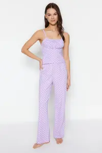 TRENDYOLMİLLA Lilac Cotton Polka Dot Rope Sleeveless Knitting Pajama Set - Image 7
