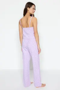 TRENDYOLMİLLA Lilac Cotton Polka Dot Rope Sleeveless Knitting Pajama Set - Image 8