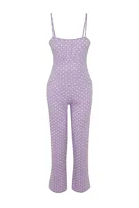 TRENDYOLMİLLA Lilac Cotton Polka Dot Rope Sleeveless Knitting Pajama Set - Image 9