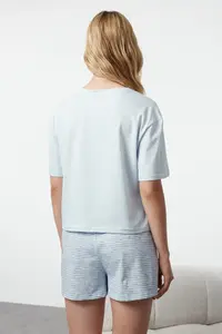 TRENDYOLMİLLA Light Blue Cotton Striped Slogan Printed OF shorts Knitting Pajama Set - Image 5